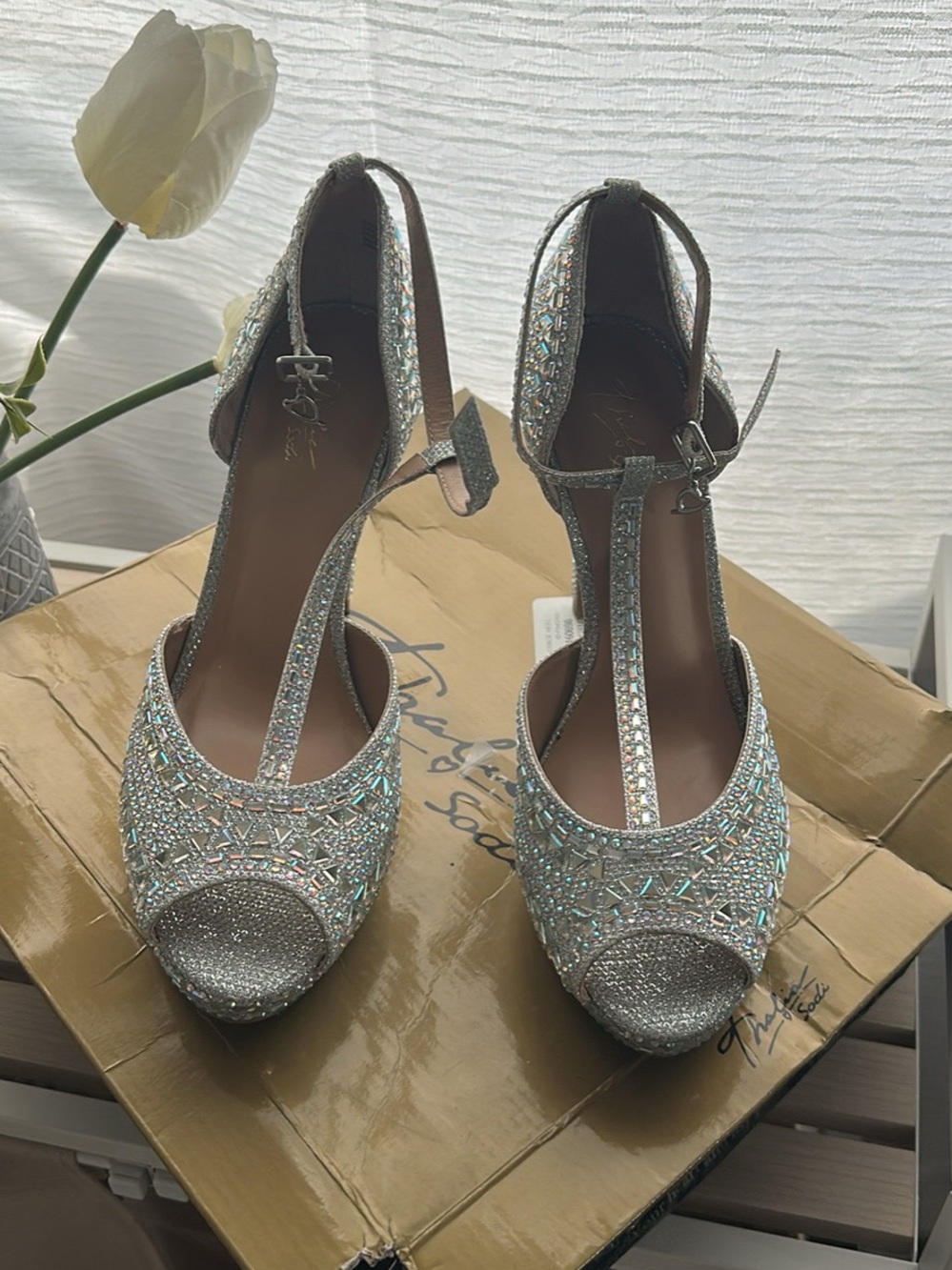 Thalia Sodi Silver Crystal T-Strap Heels